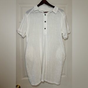 Zenana Cotton Gauze Women’s Button Front Mini‎ Dress Cover-up XL White Pockets.